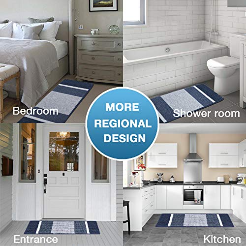 Luxury Chenille Microfiber Floor Mat For Living Room Bedroom, Gradient Navy Stripe Pattern Shag Plush Rug, Soft Non Slip Absorbent Bathmat Washable Home Decor, (47×20 Inch, Navy) #TOP6