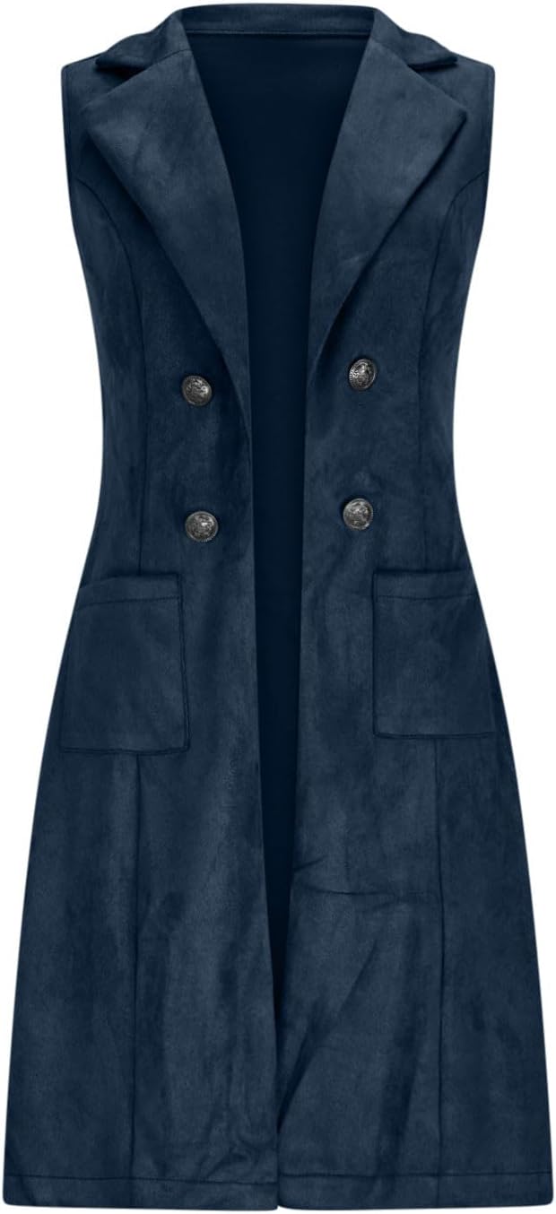 HGps8w Mid-Long Suede Vest for Women Double Breasted Elegant Sleeveless Blazer Suit Jackets Lapel Waistcoat Outerwear