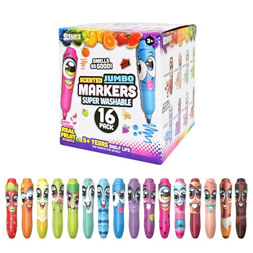 Scentos Jumbo Scented Markers for Kids, 16 Pack Fruit Scented Washable Markers, 16 Colors and Scents. Non Toxic, Chunky Design for Little Hands, Vibrant Colors, Super Washable Ink, Kid Marker