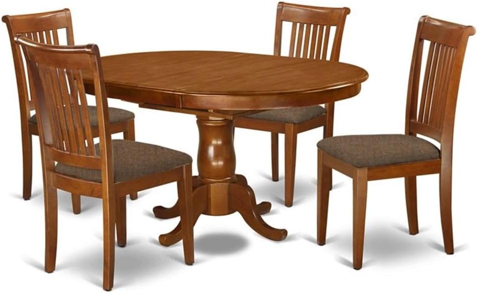 East West Furniture PORT5-SBR-C 5 Piece Dining Room Furniture Set Includes an Oval Wooden Table with Butterfly Leaf and 4 Linen Fabric Kitchen Dining Chairs, 42x60 Inch, Saddle Brown