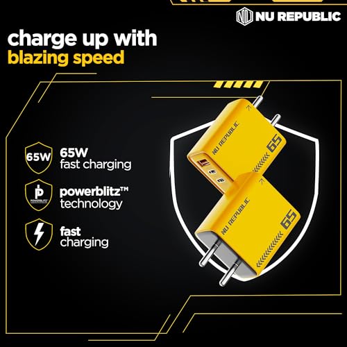 Image of Nu Republic Cybotron 65W GaN Superfast Wall Charger with Type-C to Type-C Cable, 65W Output (Yellow), Type-C and USB-A Enabled Smartphones, Tablets, laptops, and Other Electronics Gadgets