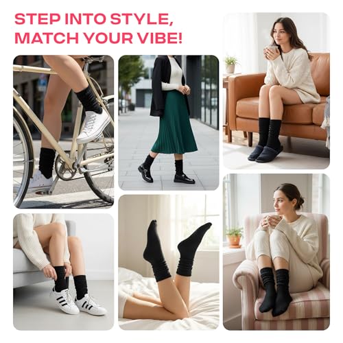 Image of CoolMate Women's Scrunch Crew Socks, Slouchy Mid Calf Boot Socks, 3 Pairs