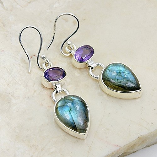 Sterling Silver Natural Labradorite Earrings, Natural Amethyst Earrings #TOP1