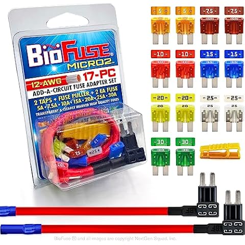 BioFuse 12 AWG Micro2 APT ATR 17 Piece Automotive Car Fuse Assortment and Holders Pack (2 Add-a-Circuit Fuse Tap Adapters, 14 Micro 2 Blade Fuses + Fuse Puller) 5A 7.5A 10A 15A 20A 25A 30A Cover