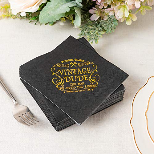 Crisky Vintage Dude Napkins Black Gold Birthday Decorations For Men, Birthday Cocktail Berverage Dessert Cake Table Decorations Vintage Dude Party Supplies, 5" X 5", 50 Count #TOP2