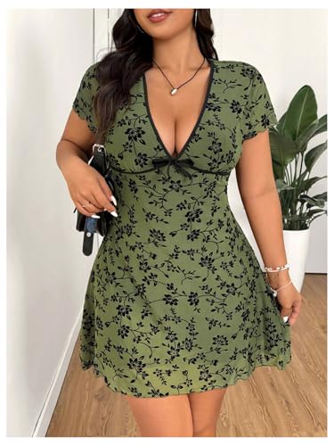 SHENHE Women's Plus Size Y2k Floral Mesh Mini Dress Deep V Short Sleeve Fit and Flare Sundress4