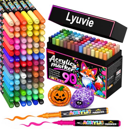 Lyuvie 90 Couleurs Feutre Acrylique, Acrylic Paint Brush Marker à Peinture à Base D'eau, Marqueur Peinture Acrylique pour Pierre,Bois,Galets,Papier, Tissu,Verre, Plastique