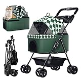 PUPIHOM Foldable Dog Strollers for Small Dogs with Detachable Weather Cover, 4 Wheels Pet Strolling Cart for Dogs and Cats with Storage Basket and Cup Holder（Green）