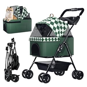 Foldable pet Stroller for Cats with Detachable Weather Cover, 4 Wheels Pet Strolling Cart for Dogs and Cats with Storage Basket and Cup Holder（Green）