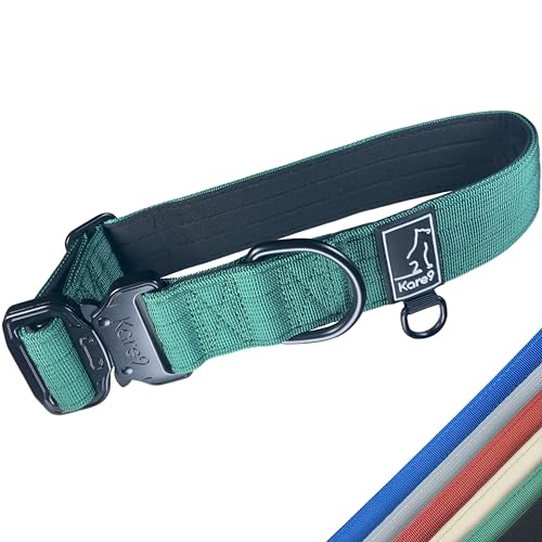 Kare9 Extra Strong Collar for Medium/Large Dogs | Adjustable 35cm-50cm | Padded, Heavy Duty w/Metal Buckle (Medium, Green)