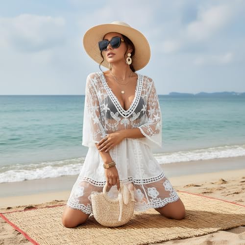 BOCOGLO Strandkleid Damen Strandkleid Damen Luftig Sexy Spitze Lochdesign Sonnenbekleidung Bikini Cover Up Mode und Vielseitig Passend für Strand Pool Urlaub Und Ferien-3