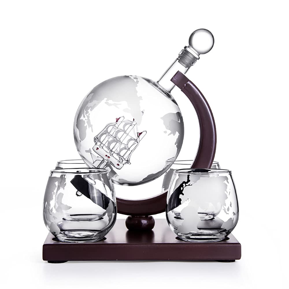 Juego de decantador de whisky Decantador de globo terráqueo grabado con 4 vasos Decantador de licor de 1000 ml para whisky escocés Vodka Escocés, accesorios de bar para el hogar de ron para hombres,