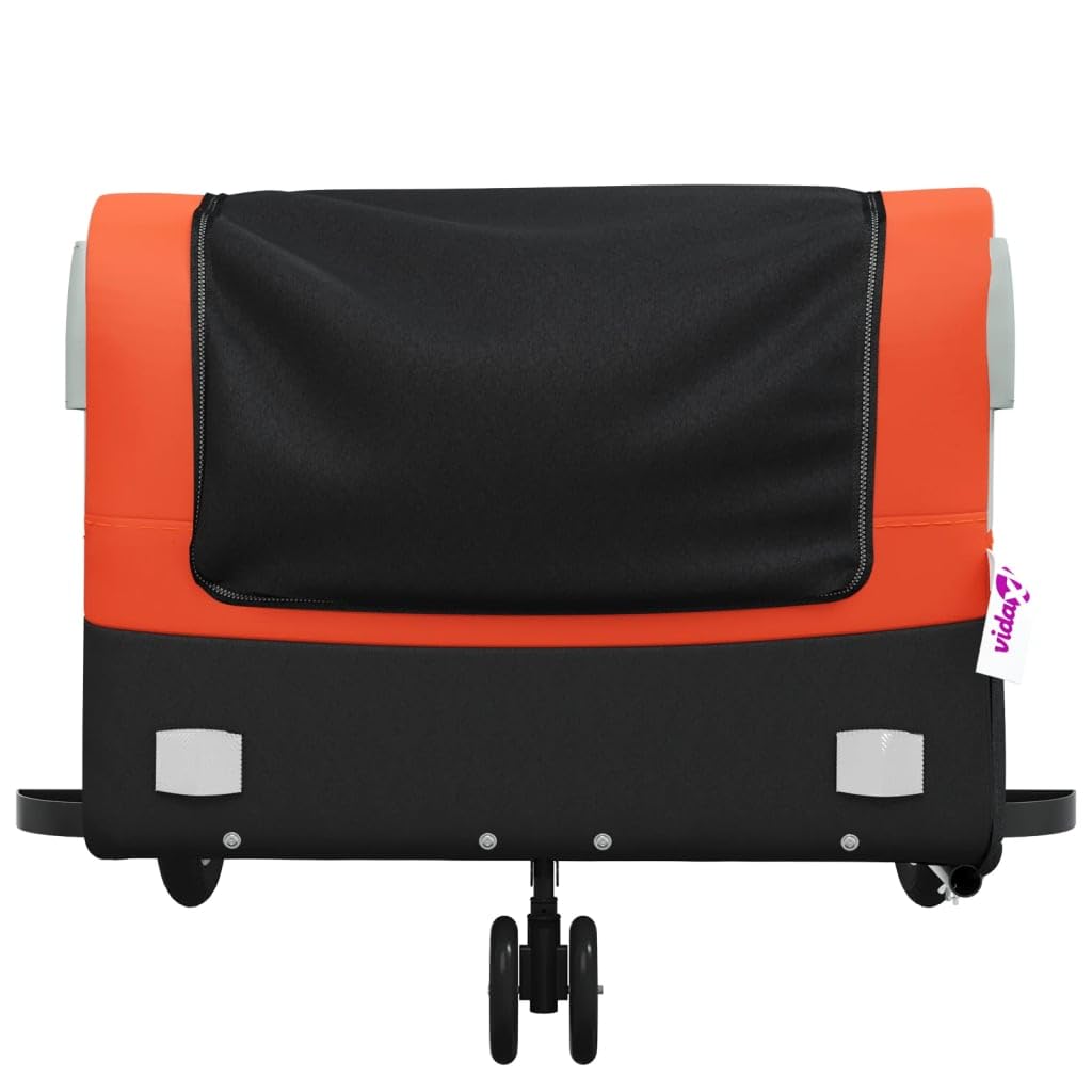 Przyczepa rowerowa czarna i pomarańczowa z żelaza o nośności 45 kg, 126 x 63 x 51 cm, sprzęgło dyszowe, flaga bezpieczeństwa, składana, idealna do ładunków, zakupów, psów i dzieci na co dzień