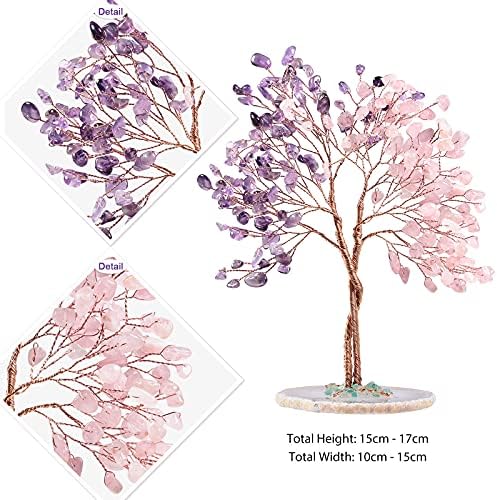 Nupuyai Amethyst & Rose Quartz Twining Crystal Money Tree with Agate Slice Base, Love Stone Tree Ornament Fengshui Figurines for Home Office Wedding Decor