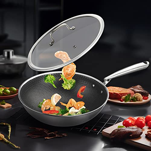Potinv Nonstick Wok Pan With Lid,Honeycomb Wok Frying Pan 12 Inch With Stay Cool Handle,Stainless Steel Cooking Wok,Induction Compatible,Scratch Resistant,Dishwasher And Oven Safe #TOP5