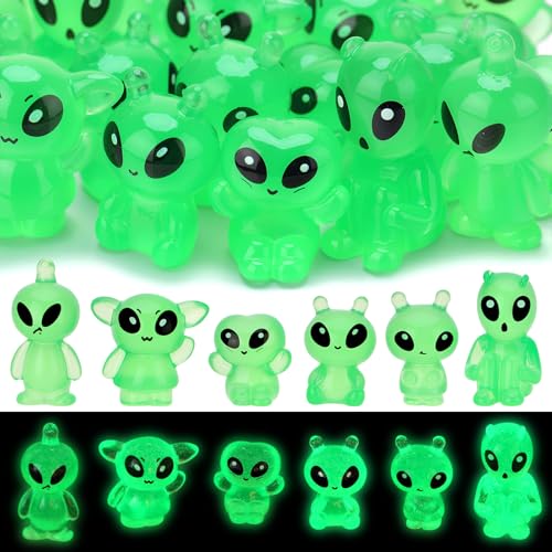 GGSTDDUP 30 Pcs Glow in The Dark Mini Alien Figures, Tiny Alien Figurines to Hide, Luminous Mini Resin Alien Bulk for Space Party Fillers, Piñata Stuffers, Playsets, Halloween Prank (6 Styles)
