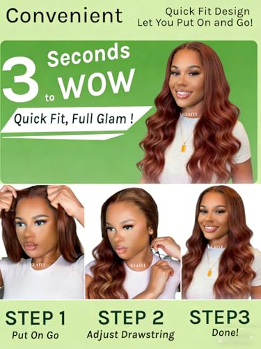 Image of KLAIYI Bye Bye Slip Reddish Brown Loose Body Wave Glueless Precut 7x5 Lace Front Wig Human Hair Drawstring Pre Plucked Bleached Knots 30S Ready to Wear and Go Wig Pre Everything Cooper Red Wig 22Inch