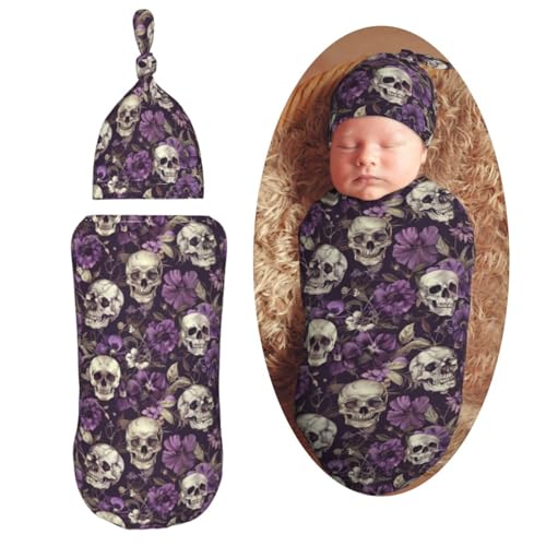Image of Vintage Purple Flowers Skulls Newborn Swaddle Blankets Hat Sets Soft Baby Receiving Blanket Swaddle Sack for Baby Shower Infant Boy Girl Gift