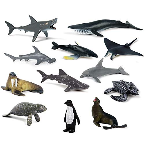 12 Pack Mini Ocean Animal Figures, Plastic Educational Sea Creature Toys Realistic Miniature Figurines Marine Bath Pool Toys with Dolphin, White Shark, Walrus, Seal