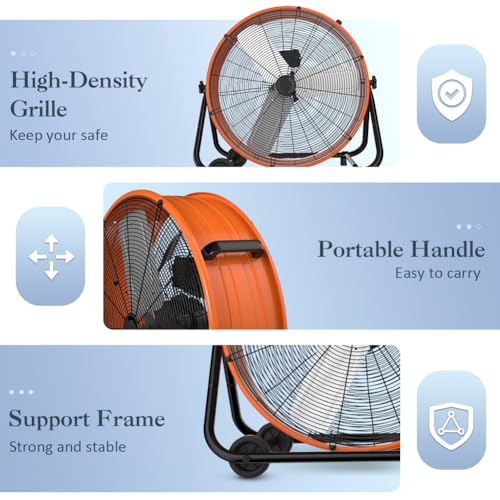 LifePlus 24 Inch Industrial Drum Fan High Velocity Floor Fan 3 Speed, Heavy Duty Metal Air Circulator with Adjustable Tilt & Large Wheel for Warehouse, Garage, Factory, Patio, Barn, Shop, Orange by LifePlus - Image 6