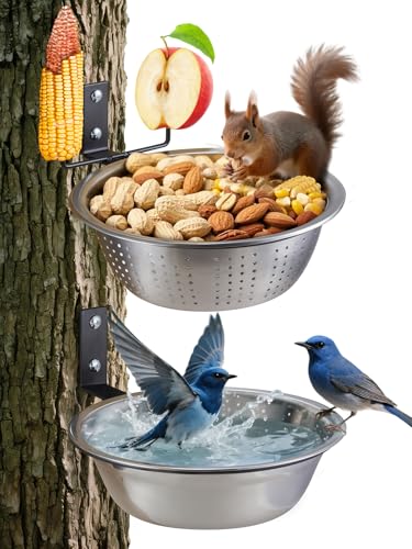 TKMSV 2 Pack 8.5"/1.4L Squirrel & Bird Feeder Combo - 1 Metal Food Bowl with Colander System + 1 Water/Bath/Swim Tray | Tree/Fence Mounted Perfect for Outside | Removable Easy Clean Wildlife Delight