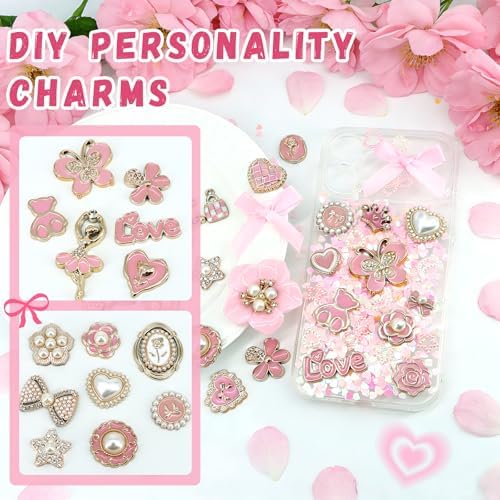 RIHYTFU Junk Case Charms Kit, Pink Junk Phone Case Charms for Customizing DIY Cases, Gold Charm for Making Phone Cases with Flatback Pearls Bulk Butterfly Bow, DIY Craft Accessories - 2