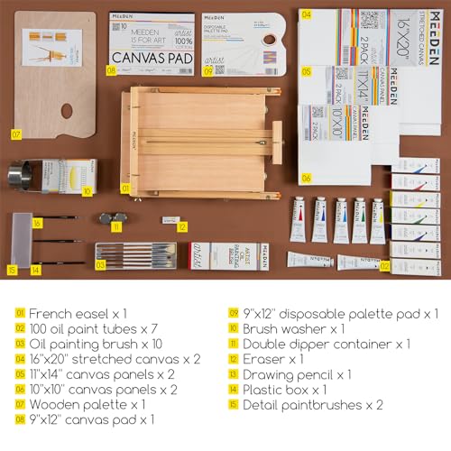 Image of MEEDEN Oil Painting Set with French Easel, Paint Kit with Easel,7x100ml /3.38oz Paint, Paintbrushes,Canvas & Oil Painting Supplies for Adults &Artists