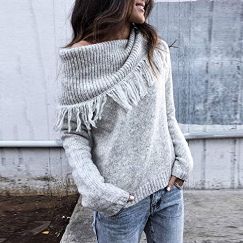 OutTop Women Sweaters Winter Solid Knit Turn-Down Tassel Collar Warm Casual Long Sleeve Pullover Sweatshirt Blouse Top (Off White, S)