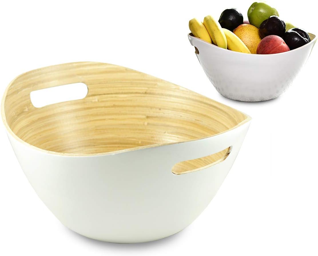 Purelite Modern Bamboo Wood Fruit or Vegetable Bowl | Decorative Home Decor Kitchen Counter Centerpiece Decorations and Dining Room Tables Centerpieces | White Accessories Bowls