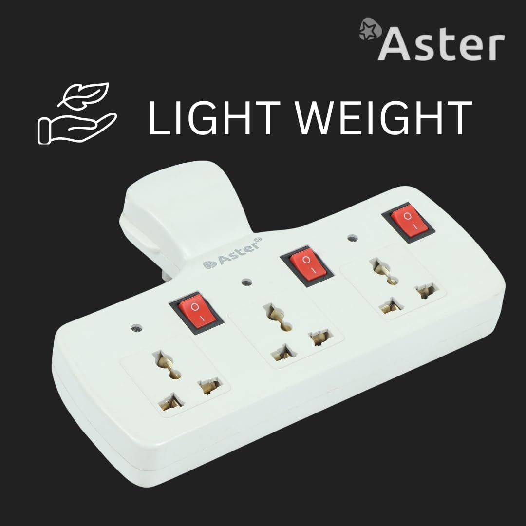 Aster Three pin Multiplug Point | Cordless Wall Socket Multi Outlet Extension Board with Fuse Protection, Universal Sockets and Individual Switches (3 Socket Multiplug)