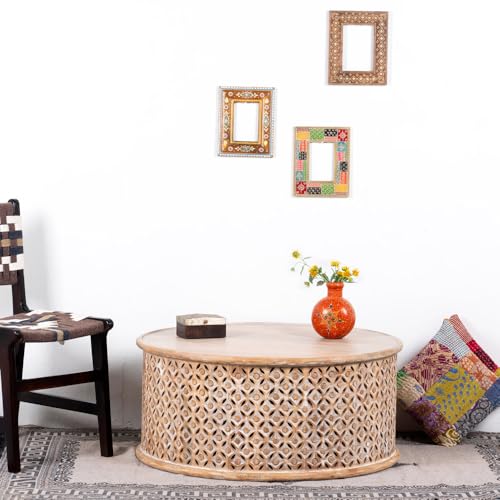 Image of Wooden Coffee Table for Living Room | Handcrafted Solid Wood Round Center Table with Carved Jaali Design | Coffee Table for Home Decor | Tea Table for Bedroom & Office (Brown Distress)