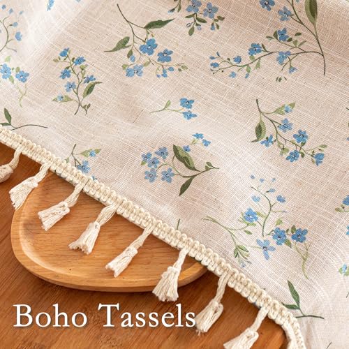 Image of MYSKY HOME Blue Floral Semi Sheer Boho Linen Curtains 63 Inch Length 2 Panels for Living Room Bedroom Light Filtering Spring Vintage Farmhouse French Tassels Back Tab Drapes, 50 inch Wide, 2 Panels