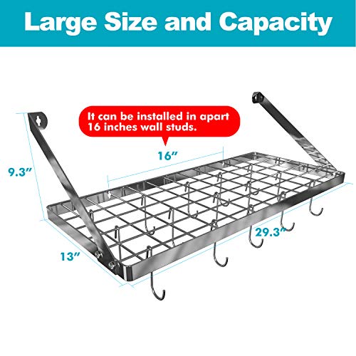 Vdomus square grid wall mount pot rack, kitchen cookware hanging organizer with 15 hooks,29.3 by13-inch (silver)
