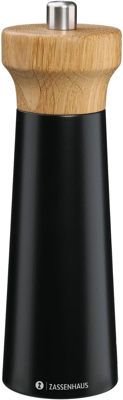 Zassenhaus Pepper Mill Wood Westerland | Black with White Oak Head | with Stepless Adjustable High Performance Ceramic Grinder | Spice Mill for Pepper | 7" x 2" Diameter