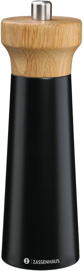 Zassenhaus Pepper Mill Wood Westerland | Black with White Oak Head | with Stepless Adjustable High Performance Ceramic Grinder | Spice Mill for Pepper | 7" x 2" Diameter