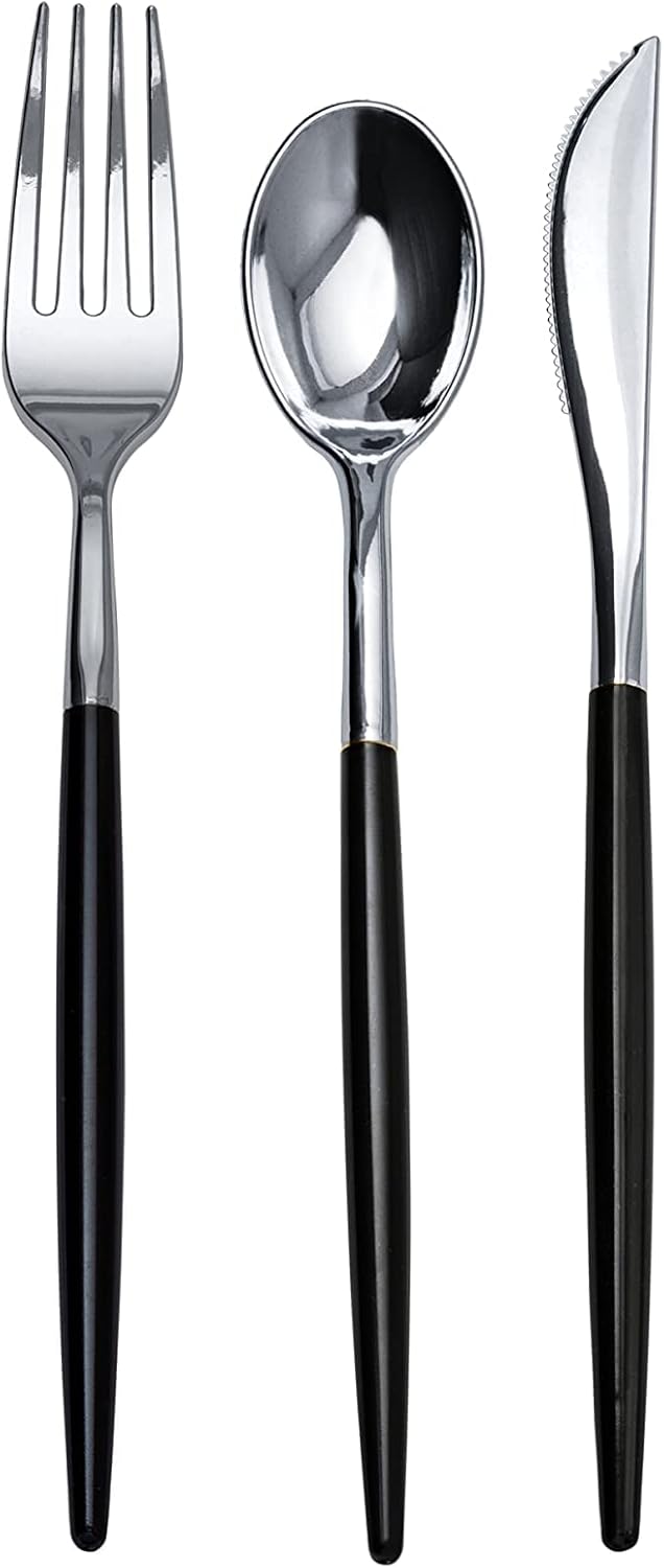 Trendables 120 Pack Two Toned Heavy Duty Plastic Silverware Forks - Stunning Dual Colored Black and Gold Disposable Plastic Fork - Disposable Utensils For Wedding Parties And All Occasions