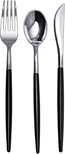 Miniatura 8 de Trendables Paquete de 120 cuchillos de plástico resistentes de dos tonos, impresionantes cucharas de plástico desechables de doble color negro y