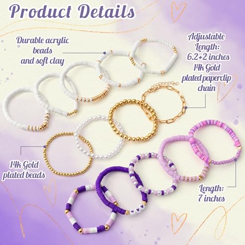 Y1tvei Purple White Bead Bracelets - 14Pcs Purple White Clay Bead Surfer Bracelet Set Stackable Gold Plated Bead Stretch Bracelet Layering Summer Beach Jewelry Friendship Bracelet Gift for Women Girls2