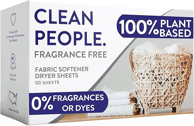 The Clean People Fabric Softener Sheets - Dryer Sheets - Softens & Removes Static Cling - Vegan Laundry Softener, Fragrance Free - Unscented, 120 Pack - Fragrance Free - 120 Count (Pack of 1)