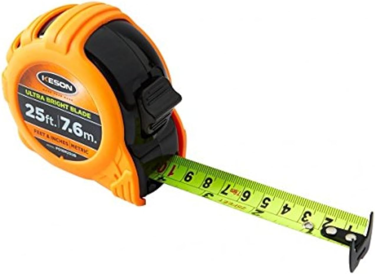 Keson PG1825UB Short Tape Measure with Nylon Coated Ultra Bright Steel Blade (Graduations: ft., in, 1/8), 1-Inch by 25-Foot