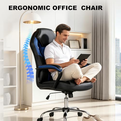 Image of Office Gaming Chair Blue, PU & Mesh Design Computer Chair with Metal Base