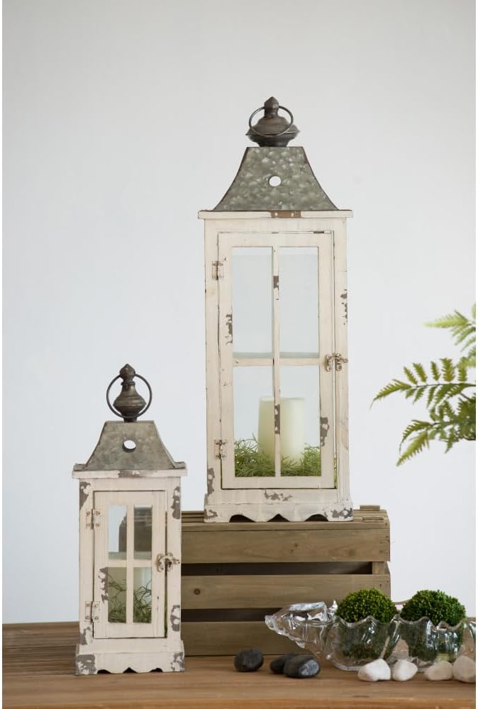 Wooden Candle Lantern Set with Glass Panels, Decorative Outdoor Indoor Lanterns for Home Garden Patio Wedding Events (Ivory + Wood+Glass)