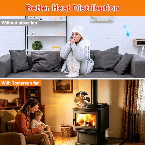 Image of Tomersun Wood Stove Fan Heat Powered, 7in Large 6 Blades Fireplace Fan