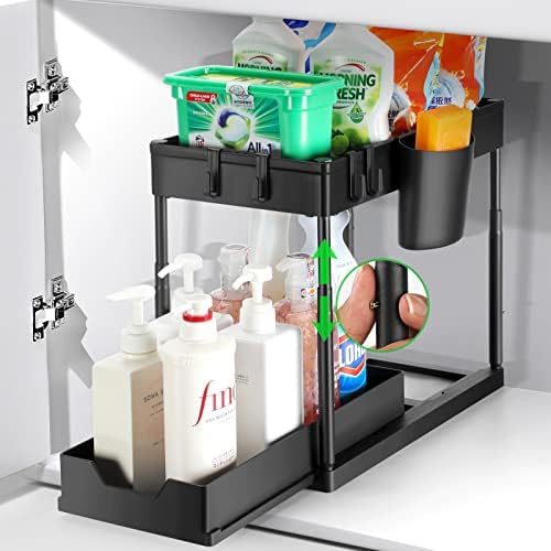 Under Sink Organizers and Storage, Adjustable Height Sliding Drawer 2 Tier Cabinet Organizer with Pull Out Drawer/Hook/Cup/Dividers for Bathroom Kitchen (Black)