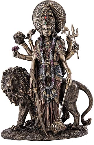 Krisha Krafts Durga Female Hindu Statue With Lion- Divine Mother Of The Universe Goddess Sculpture In Premium Cold Cast Bronze- 11-Inch/Bronze Durga S