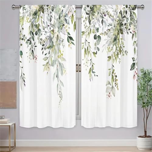 IKDZCM Cortinas de Hojas Verdes Frescas con Estampado de Plantas de Acuarela para Sala de Estar, Dormitorio, decoración de Ventanas, Estilo Bosque Natural WxH/2x70x170cm
