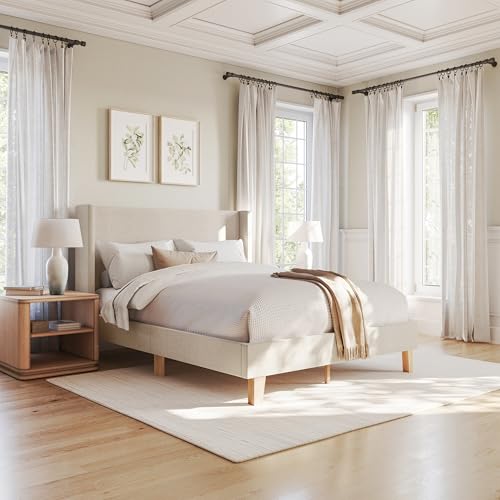 Image of Martha Stewart Maisie Queen Wingback Upholstered Platform Bed, Beige