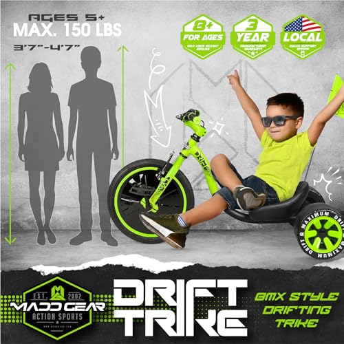 image for Madd Gear Drift Trike – Big Wheel Drifting Tricycle for Ages 5+ with