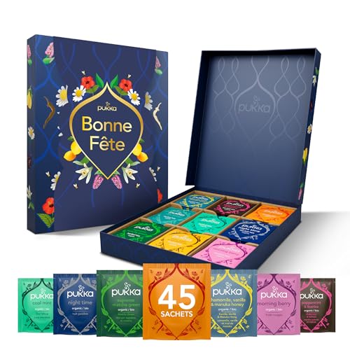 Pukka Coffret Sélection - Cadeau “Bonne fête”, Coffret Tisanes & Thé 100% Bio, Femme et Homme, Anniversaire, 9 Saveurs, 45 Sachets
