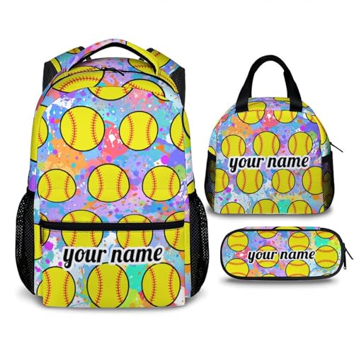 School Backpack for Girls, Softball Backpacks with Lunch Box Matching Combo for Elementary Preschool Middle School, Colorful Large Capacity Bookbag and Pencil Case Bundle for Kids Students